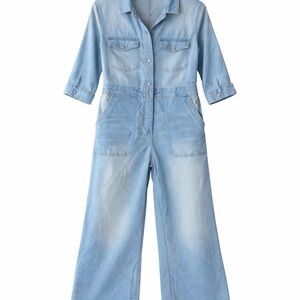 Lana Roux Denim Utility Jumpsuit Women’s XL Light Wash Wide Leg Coveralls